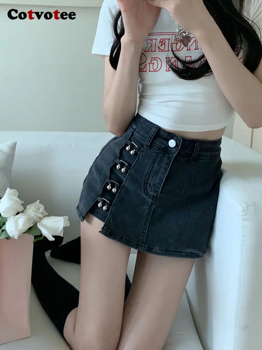 Cotvotee Skirts for Women 2022 New Fashion Washed Stretch High Waist Mini Skirt Vintage Streetwear with Liner Y2k Denim Skirt
