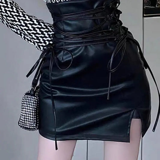 Gothic Pencil Skirt Woman Pu Hippie Mini Leather Punk Lace Up 2023 New High Waisted Sexy Club Beige Black Y2k Skirts Women