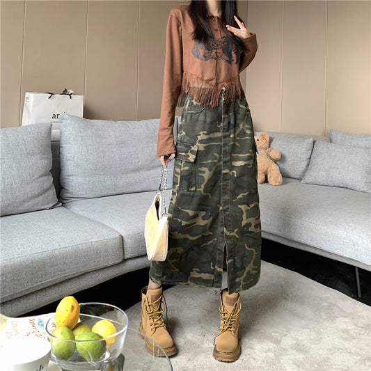 High-waisted Camouflage Skirt Women&#39;s Spring Summer New Street Style Slits Show Thin Big Pocket Cargo Mid-length Skirts Female